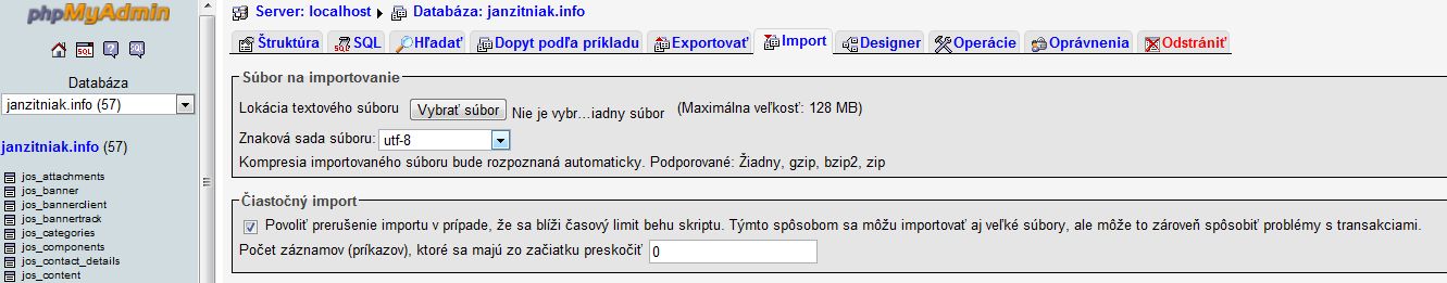 PhpMyAdmin - import databázy