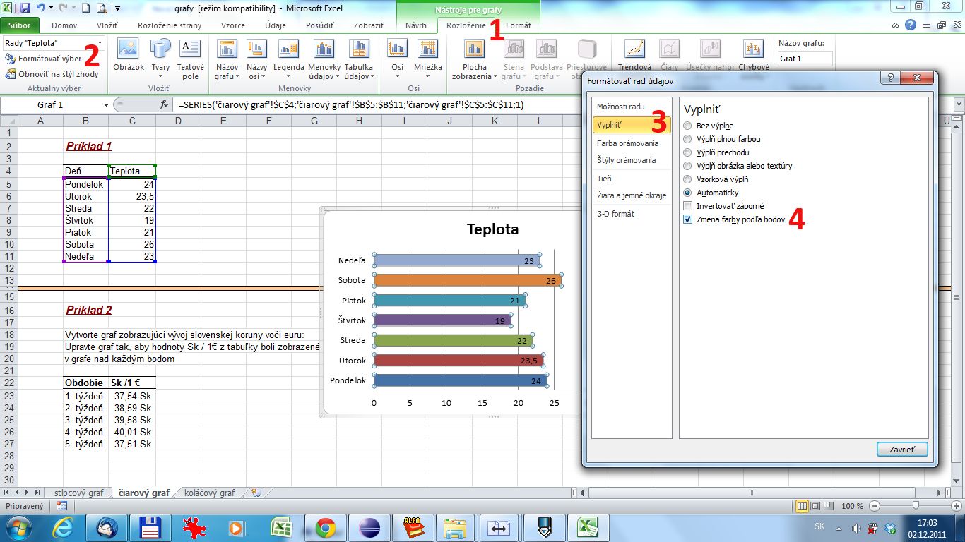 Microsoft Excel - zmena farby radov pri pruhovom grafe