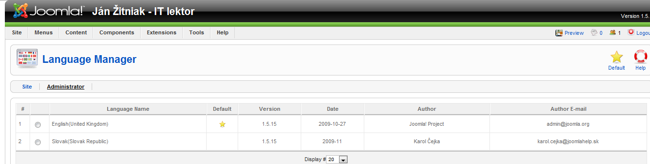 Joomla 1.5 - Správca jazykov - nastavenie slovenčiny